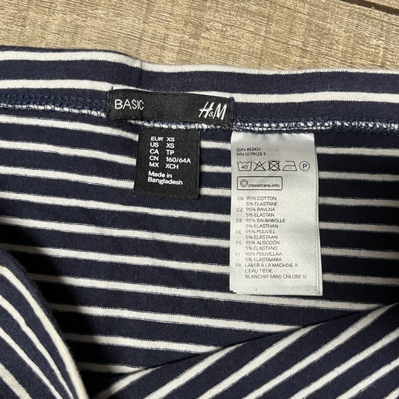 H&M Mini Skirt XS Straight Fitted Striped Cotton Blend Jersey Stretch Navy - Picture 5 of 7